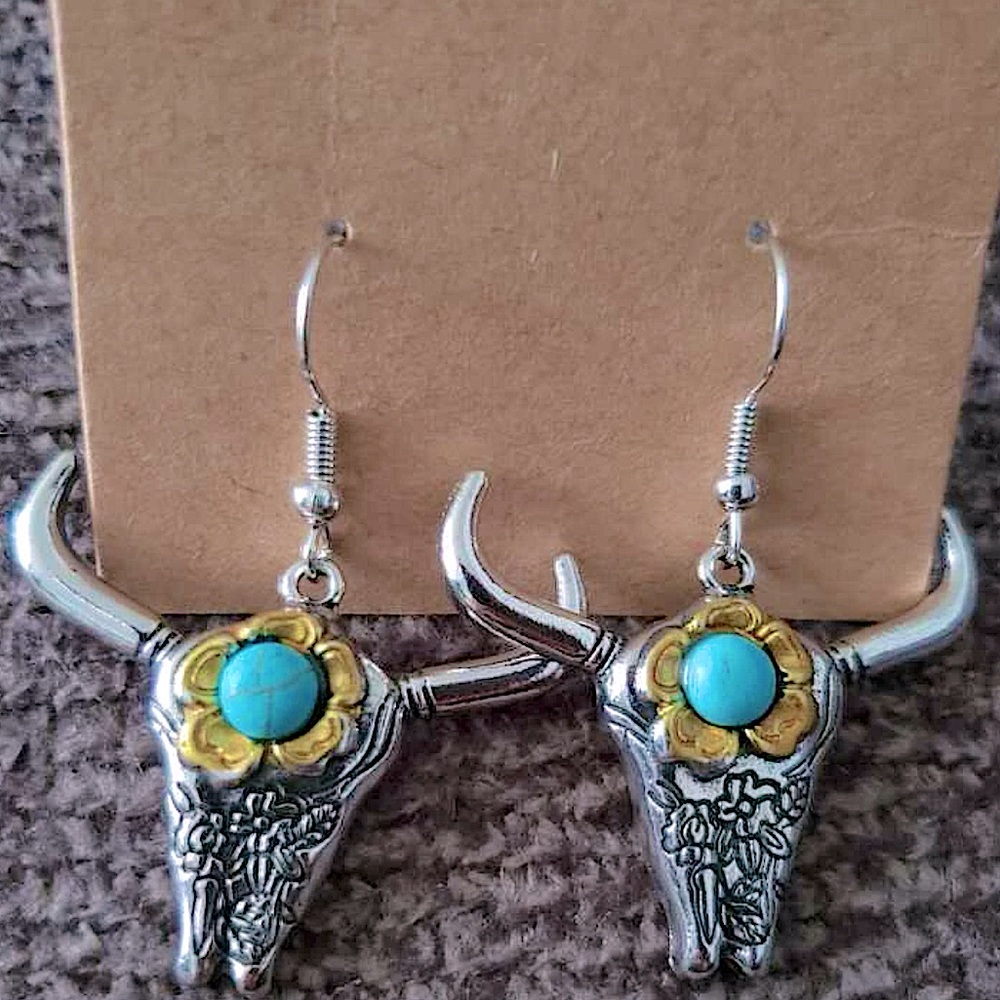 Western Turquoise Flower Cow Earrings